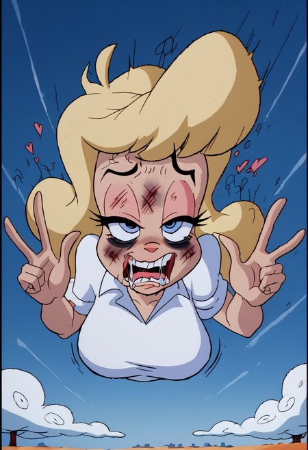 score_9, score_8_up, score_7_up, rating_questionable, zPDXL, 2d source_cartoon, (adult:1.2), facing the viewer, , horny, solo 1girl
<lora:Hello_Nurse_XL_Animaniacs:1> Heloise Nerz, 1girl, dirty messed burnt blonde  hair, sky, clouds, falling, falling from sky, on air, in air, on big height, legs up, bent up, falling from cloud, , full body, waving hands,wounds, hit herself,  selfharm, self harm, wounds on face, wounds on body, extreme amount of wounds, wounds everywhere, tired, tired af, extremely tired, tired eyes, huge amount of tireness, absolutely tired, wants to die, almost die, eternally tired, pain, feeling pain, feeling strong pain, powerless, extremely tired eyes, bags under eyes, shiners, stupid, dumb, extremely stupid, extremely dumb, no brain, brain damage, stupid blonde, extremely stupid blonde,  blue eyes, eye twitching, extremely hard eye twitching, totally burnt hair, sexy, horny, flowing saliva, scared, in love, extremely dirty dress, hardly beaten fifty times, confused, deeply humiliated face, depressed face, black eyes, circles under eyes, beaten,broken heart, extremely broken heart, smashed mouth, crazy emotion, extremely violently beaten face, ten times more extremely violently beaten face, twenty times more extremely violently beaten,big deep shiners on both eyes, extremely big shiners on both eyes, eyes in different directions, eyes  in extremely different directions,  narrow waist
<lora:Expressive_H:1>
<lora:r3nst1mpyXLP:1> r3nst1mpy,aaa