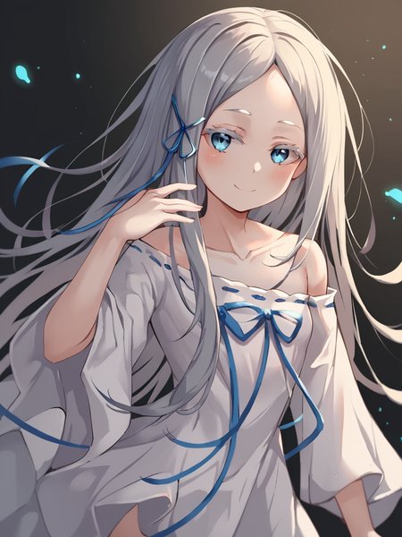 score_9,score_8_up,score_7_up,<lora:pandora_(re_zero):0.8>,off-shoulder_dress, hair_ribbon, simple_background, looking_at_viewer, pandora_\(re:zero\), white_dress, blue_ribbon, 1girl, highres, solo, upper_body, bare_shoulders, smile, blush, long_sleeves, ribbon-trimmed_dress, black_background, collarbone