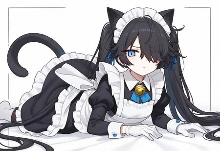 (Maid-kasli), solo, white gloves, dress, hair over one eye, maid apron, blue eyes, twintails, cat ears, maid headdress, maid, gloves, 1girl, apron, juliet sleeves, long sleeves, long hair, black hair, animal ears, bell,(Fall down),