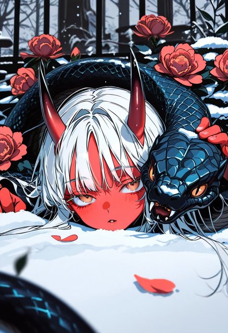 masterpiece, best quality, good quality, newest, highres, absurdres, uncensored,
BREAK 
detail background, very awa, absolutely eye-catching, (beautiful face), 
BREAK
amazing quality, best quality, ultra-detailed, 8K, illustration, CG, ultra-detailed-eyes, cute girl, eyelashes
BREAK
Aka-Oni, oni, colored skin, red skin, smooth horns, black horns, 
BREAK 
parted lips, seductive expression, blurry foreground, 
BREAK 
winter, snow, ((manhwa style, semi-realistic)), ((calm expression, soft eyes, expressive eyes)), (one large snake over shoulder, black snake, iridescent black scales), cool white lighting, (looking at user, facing user, relaxed stance) half body, dynamic pose, ((close up)), petting snake, hugging a white rabbit, looking at viewer,
(by yoneyama mai, rolua, roitz \( roitz \):1.25), colored lines, floral background, peony \(flower\), petals,