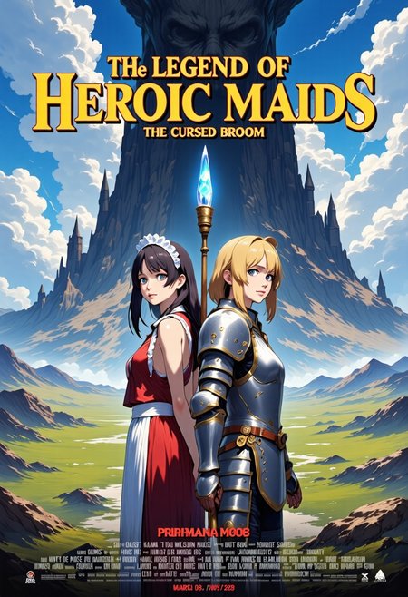 Concept:
A masterpiece high quality poster for an theatrical anime movie.
Style:
4k quality professional anime poster art with vivid vibrant colors, cel-shaded characters, perfect text title, mvpstrCE style, detail eyes, retro_anime.
Main Text:
The title of the movie is  ("THE LEGEND OF HEROIC MAIDS") written at the top in bold large fantasy font with golden trim, and an underline, there is a subtitle under it saying ("The Cursed Broom") in simple yellow fantasy font.
The Characters:
On the Right Side stands a regal blonde female knight in a fancy decorated full plate armor holding a metal broom with a blade at its tip, she is also wearing a long apron and frilly maid headdress on top of her armor, she is standing in sideview but looking at viewer, she has blue eyes.
On the Left Side stands a gorgeous brunette witch wearing a red frilly fancy sleeveless dress and she is holding a magical broom with blue magical crystal at its tip, she is wearing a fancy apron and frilly maid headdress on top of her dress, she is standing in sideview but looking at viewer, she has green eyes.
The Background: 
Vast grassy hills, mountains, epic castle in the distance, a silhouette of a giant evil broom towering over the landscape shrouded in mist infused with dark magic, majestic anime clouds frame scene.
Additional Text At Bottom of Poster:
At the bottom names of fake voice actors usually seen on anime posters, including a release date in ("March 2026") in a red font.