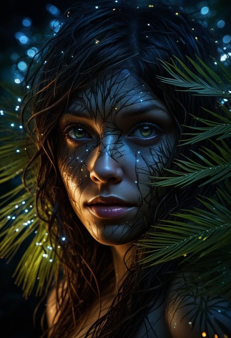 close-up face, mysterious silhouette of a woman, glowing fireflies illuminating her, night time palm trees, goddess, alluring, by Minjae Lee, Carne Griffiths, Emily Kell, Steve McCurry, Geoffroy Thoorens, Aaron Horkey, Jordan Grimmer, Greg Rutkowski, amazing depth, double exposure, surreal, geometric patterns, intricately detailed, bokeh,  perfect balanced, deep fine borders, artistic photorealism , smooth,  great masterwork by Suiras  <lora:add-detail-xl:2>  <lora:Double_Exposure:0.5>
