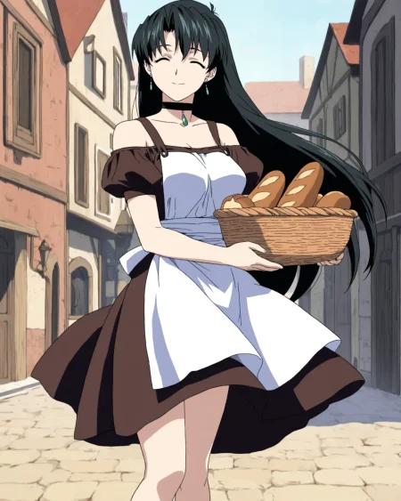 <lora:Raquel_ill_v10:0.8>  Raquel Casull, 1girl, solo, maid, jewelry, earrings, choker, black choker, dark brown dress, dress, puffy sleeves, short sleeves, apron, white apron, waist apron, bare shoulders, knees, breast,closed eyes, smile, holding basket,food, bread, town, floating clothes, high quality,highres, absurdres, super detailed skin