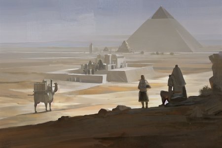 a painting of a desert with a pyramid in the background and a camel in the foreground with a man on a camel
