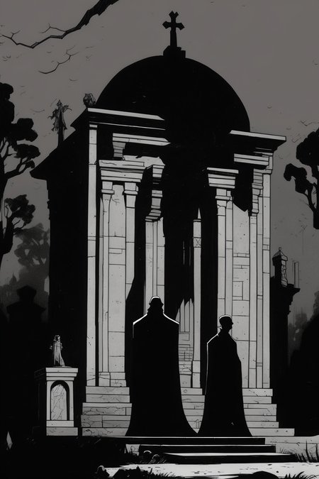 <lora:Mike Mignola Style:1>Mike Mignola Style - shadowy figures by a mausoleum. By Mike Mignola in black and white