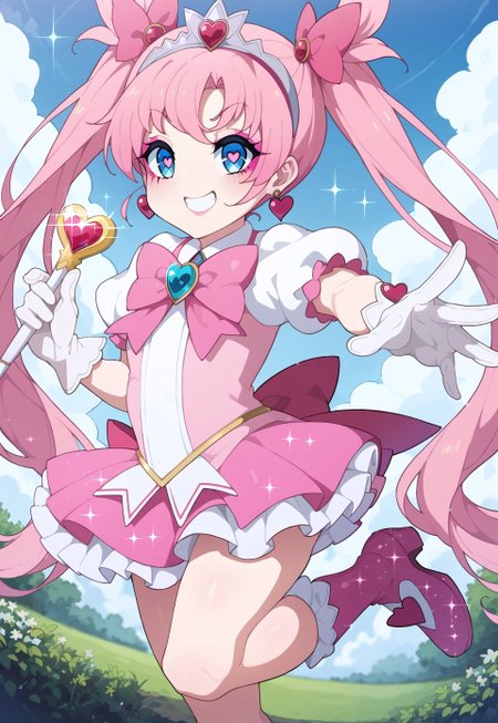 score_9, score_8_up, score_7_up, score_6_up, score_5_up, score_4_up , Kakure_Eria, 1girl, magical girl, blue eyes, very long hair, pink hair, twintails, hair bows, masterpiece, best quality, absurdres,
(pastel theme) magical girl, padded magical girl dress, pastel colors, kawaii, frilled skirt, thighhighs, puffy short sleeves, gloves, tiara hairband, gem brooch, bow, ribbons, lace trim, frills, frilled fabric, sparkles, glitter,
lipgloss, light makeup, sparkling eyes,
outdoors, nature, clouds, heart earrings, heart accessories, jewelry, frilled boots, solo, magical girl pose, holding magical girl wand, heart wand, happy smile, grin