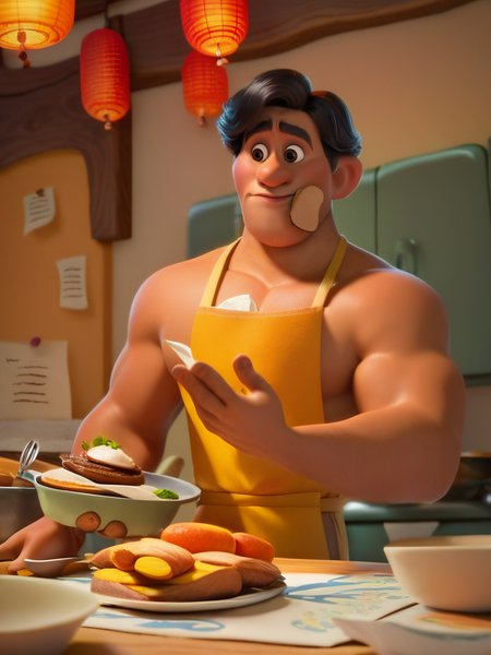 score_9, score_8_up, score_7_up, score_6_up, old muscular male cooking, food, restaurant, paper lantern, looking at food, black hair, cute, cartoon, valley, wooden builds, cowboy shot, dynamic angle, from below,
 <lora:DisneyStudios_style:1> DisneyStyleXLP