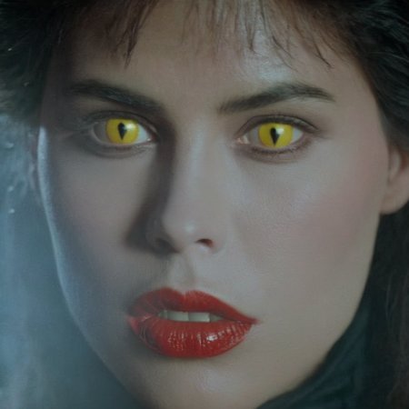 Horror-themed,  <lora:Fright Night 1985 Film Style:1>
Cinematic Closeup Shot Film Footage captured by Panavision Cameras and Lenses, vampire human, Regine a vampire woman with a vampire fangs teeth, staring in front of camera with yellow eye lenses and open vampire mouth and red lipstick, Fright Night 1985 Film Style, Eerie, unsettling, dark, spooky, suspenseful, grim, highly detailed