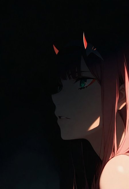 1girl, Zero Two (Darling In The FranXX), solo, dark, light, masterpiece, best quality, very aesthetic, close up,  parted lips