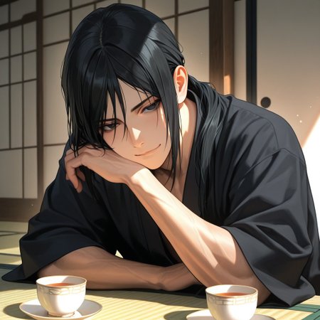 masterpiece, best quality, amazing quality, absurdres, newest, detailed background, definition so sharp, Ultra-HD, 8K cinematic, very awa, impressionate, amazing quality, highres, 
solo, male focus, manly, 
kurohyatogami, kuroh_black hair, kuroh_black eyes, 1boy, low tied hair, long hair, 
thoughtful expression, slight smile, tea cup, traditional tatami room, sunlight through shoji, calm, wise, caring, cool, inviting atmosphere, warm, against table