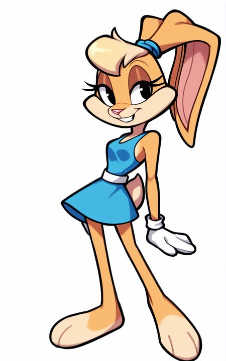 best quality, absurdres,full body, <lora:BolivanteStyleITS:0.8>, <lora:LBTLTSITS:0.8>, LBTLTSIT, animal feet, dress, blue dress, short dress, sleeveless, bare shoulders, white gloves, furry female, rabbit girl, furry, animal ears, tail, rabbit ears, rabbit tail, animal nose, black eyes, teeth, ponytail, hair tie, two-tone fur, buck teeth, blonde hair, eyelashes, white background, standing, slim, skinny, looking at viewer, white belt, belt,