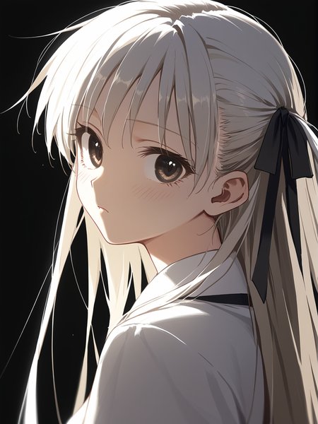(score_9, score_8_up, score_7_up:1.1), 1girl, closeup face, portrait, kasugano sora, white dress, long hair, straight hair, white hair ribbon, brown eyes, white hair, beige hair, black eyes,  plain black background, (shaft head tilt:0.9) <lora:yosuga_A3_XL_V1_0:1> <lora:shaft_head_tilt-PD-1.0-all:0.9>