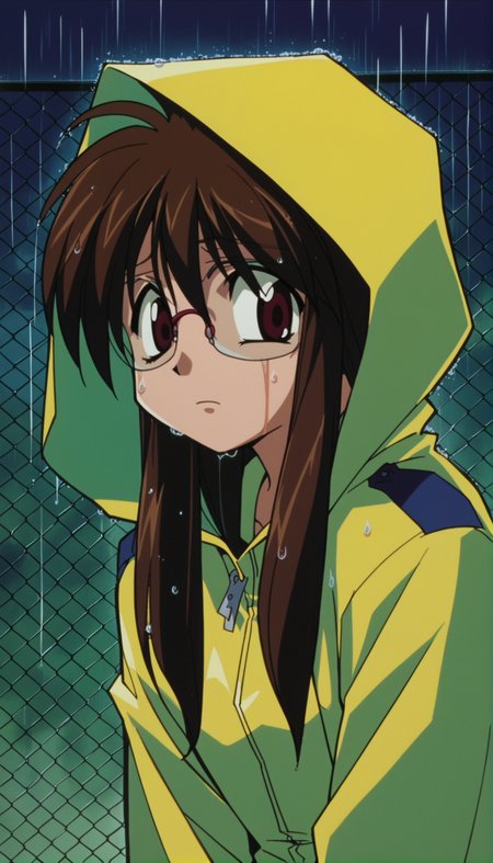 score_9,score_8_up,score_7_up,Nikaido Yoriko Pony,1990s \(style\),1girl,solo,glasses,rain,brown hair,raincoat,brown eyes,hood,fence,long hair,dark,wet,chain-link fence,hood up,<lora:Nikaido Yoriko Pony:0.9>,outdoors,night,nervous,looking_back,close-up,face_focus,portrait,