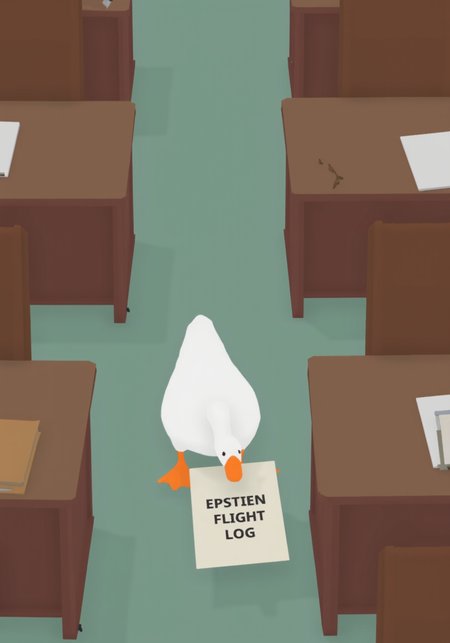 overhead perspective g00se art with smooth textureless style with muted pastel palette of a goose holding a document with text "EPSTIEN FLIGHT LOG" in bold black letters on white paper in its beak, sneaking in the halls of congress between desks<lora:g00se.safetensors:1.1:1.1>