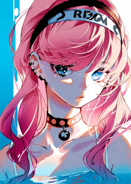 by ajimita, 
blue poison \(arknights\), blue poison \(shoal beat\) \(arknights\), 1girl, solo, blue eyes, pink hair, choker, portrait, white background, pink choker, hairband, earrings, jewelry, looking at viewer, simple background, long hair, official alternate costume, hair over one eye, braid, bangs, o-ring choker
 extremely beautiful detailed piercing eyes, 
 cinematic scene, scenery, detailed background, masterpiece, best quality, high quality, highres, absurdres, very detailed, high resolution, sharp, sharp image, 8k, vivid, colorful, stunning, anime