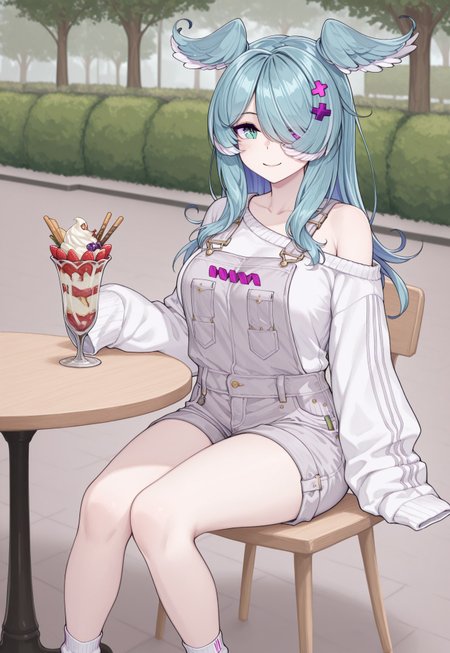 masterpiece, best quality, stmasterstyle, (((1girl))), solo,

((niji-pendora,large breasts,heterochromia,green eye,symbol pupils,+_+,blue-green hair,streaked hair,head wings,long hair,hair ornament,x hair ornament,hair over one eye,covered one eye, niji-pendoracos1,grey overalls,short overalls,white sweater,long sleeves,sleeves past fingers,sleeves past wrists,single off shoulder,white socks,short socks,))

looking at viewer, smile, blush, loving stare, sitting at the table, parfait,

outdoors, park cafe background, crowded place, motion blur, 1girl focus,