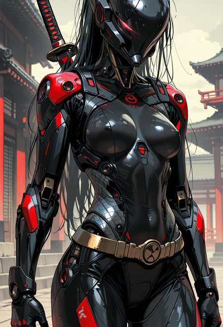 1girl, detailed eyes, (pretty face), (detailed face), (slender, lean, fit, athletic:2), rating_explicit, rating_nsfw, (sexy), defined midriff, skindentations, medium breasts, (perfect body:2), photo-realistic, realistic skin, realistic textures, detailed skin, photorealistic, ultrarealistic, 8k, impossible clothing, hypersexualized, mature themes, inappropriate content, vulgar, obscene, nsfw, explicit, adult content, erotic, suggestive, intimate, provocative, A highly detailed digital illustration shoot from a frontal camera angle about a humanoid robot standing confidently in a traditional asian setting. the image also shows intricate mechanical details on the robot's body, including a helmet, armor, and a katana. on the middle of the image, a 1woman, who appears to be in her mid-twenties, with long black hair, is standing with her full body facing the viewer. she is wearing a black, shiny, metallic bodysuit with red accents and a gold belt with a circular buckle. her body is slim, with medium-sized breasts, and she has a serious expression on her face. her eyes are not visible, but her hair is styled in a long, flowing manner. her facial features are not clearly visible. she has no clothing or accessories on, but she is holding her katana in her right hand. the background features traditional japanese architecture with red pillars and a misty atmosphere. the overall aesthetic is futuristic and sci-fi. 1girl, weapon, sword, solo, black hair, long hair, katana, breasts, armor, belt, rating:sensitive, helmet, architecture, mechanical parts, cowboy shot, robot, science fiction, outdoors, building, standing, robot joints, arms at sides, cyborg, medium breasts, east asian architecture, sheath, bodysuit, cyberpunk, weapon on back, sheathed, rating:general, humanoid robot, holding weapon, mechanical arms, score_9, score_8_up, score_7_up, <lora:Sinozick_style:0.8> Sinozick_illu,gradient,spot color,  <lora:r-hrtdrp:.5>,  <lora:DetailerILv2:.5>, Jeddtl02