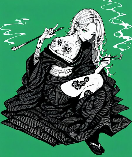 score_9, score_8_up. score_7_up,  uncensored, <lora:coffee2hai:1> coffee2hai, score_9, coffee2hai, 1girl, flower tattoo, japanese clothes, cleavage, kimono, green eyes, sitting, breasts, holding smoking pipe, looking at viewer, tabi, green background, socks, earrings, jewelry, simple background, sash, off shoulder, kiseru, obi, smoke, smile, long hair, leg tattoo, monochrome, ear piercing, arm tattoo, shoulder tattoo, greyscale with colored background, spot color, collarbone, full body