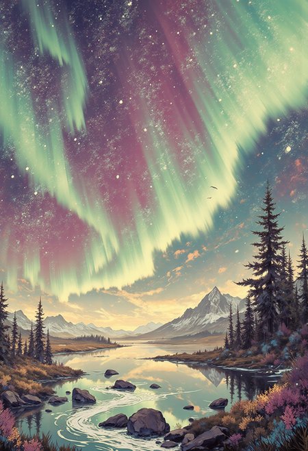 In the style of ff-td, The Aurora Borealis, also known as the Northern Lights, is a mesmerizing natural wonder that illuminates the night sky in a symphony of colors. A dynamic dance of green, blue, and pink hues, it creates an ethereal atmosphere that takes one's breath away. Swirling and shimmering like an otherworldly veil, this celestial spectacle seems to pulse and undulate, as if guided by some mystical force. It is a sight so captivating that one could stand in awe for hours on end, lost in its transcendent beauty. The Aurora Borealis is truly a masterpiece of nature, an enchanting spectacle that leaves all who witness it in wonder and amazement. <lora:Techno_Digitalis:1>
