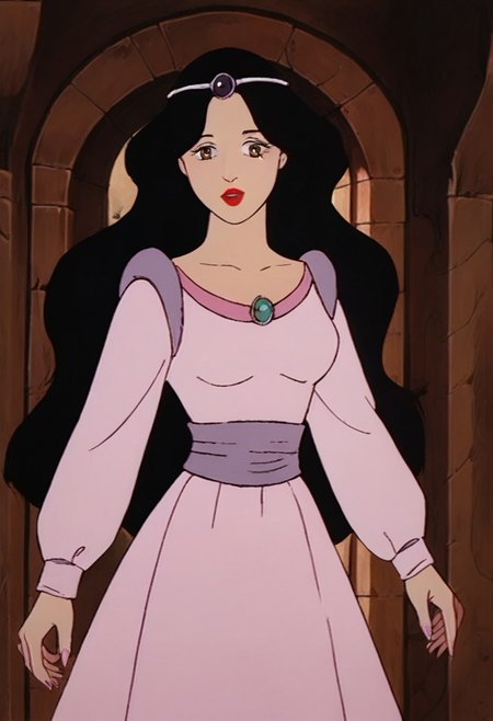 score_9_up, score_8_up, score_7_up, 1980s (style), retro artstyle, source_cartoon, rating_safe 
JetLagSnowWhite, 1girl, black hair, long hair,  lipstick, makeup, red lips, brown eyes, tiara, circlet, jewelry, gem, dress, long sleeves, pink dress, purple dress, white dress,