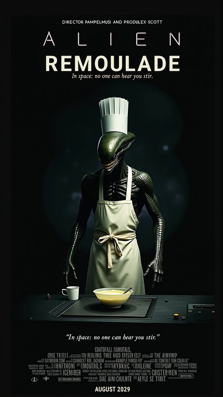 cinematic-style movie poster with the realistic Xenomorph from the Alien franchise. At the top of the poster the text: "Director Pampelmusi and Producer Ripley Scott". The title of the movie:"Alien: Remoulade" should be bold and prominent in large font. the tagline: "In space no one can hear you stir." is bold. The Xenomorph is wearing a chef's apron and a chef's hat. The xenomorph is standing in a spaceship kitchen, with a bowl of remoulade sauce in front of it. At the bottom of the poster, in larger font, display the release date: "AUGUST 2029" and the credits. The overall tone should be slightly humorous, with a mix of sci-fi and absurdity, but still maintaining the iconic dark atmosphere of the Alien franchise.