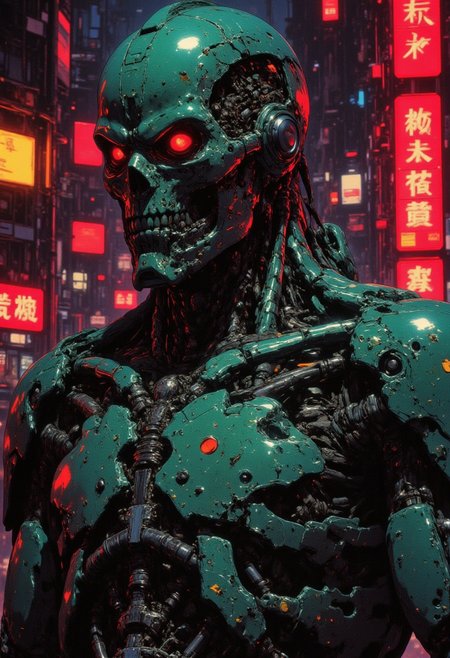 cinematic film still award winning photo .Rogue Terminator, metallic skeleton, red eyes,Deep depth of field, vignette, highly detailed, high budget, bokeh, cinemascope, moody, epic, gorgeous, film grain, grainy,anime, cyberpunk, Comic book style, CAICO