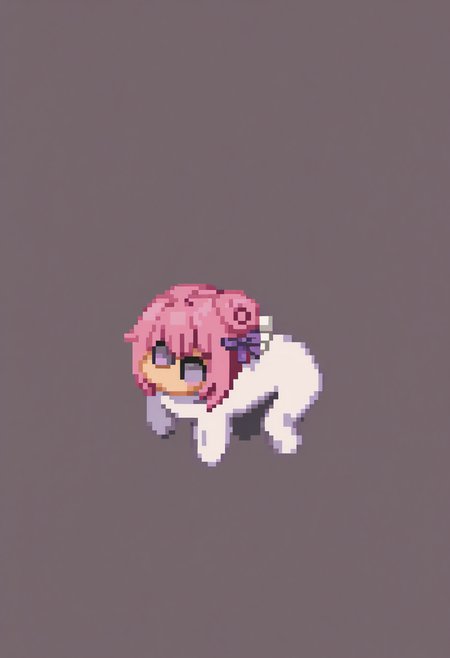 masterpiece, best quality, solo, looking at viewer, <lora:FFT-Sprites-illus_Fp:1>, looking at viewer, from side, full body, standing, solid oval eyes, no mouth, no nose, pixel art, <lora:doro_xypher_ixl_v1:1>, doro, :3, chibi, no pupils, solid circle eyes,  white skin, all fours, dorothy \(nikke\), pink hair, purple eyes, single side bun, hair bow, purple ribbon
