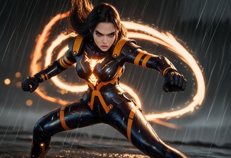 score_9, score_8_up, score_7_up, score_6_up,
stellartachy, 1girl, solo, black  hair, black eyes, long hair, (Large black round armored Shoulder pads:1.4), (look at viewer, perfect eyes; 1.5), perfect lips
(orange neon lines), ( black glowing plugsuit:1.3), cyberpunk gloves, 
(Wet rain, worm, hurricane: 1.5),
cowboy shot, white background, (epic, movie scene , action scene, fight, colorful, bokeh, god light:1.4), (motion blur, action shot:1.4)