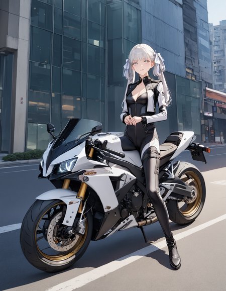 masterpiece, best quality, 8K, very aesthetic, HDR, natural lighting, volumetric lighting, intricate details, highly detailed, 1girl, biker outfit, black-and-white clothing, biker suit, jacket, white hair, twintails, white eyelashes, white eyes, lifelike female body, perfect female body shape, narrow waist, sitting on a motorcycle, full body, city, <lora:Jinhsi_V1.11:0.7>