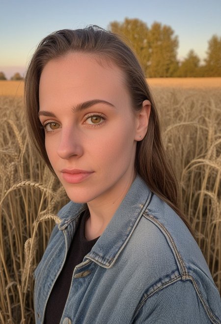 30yo american woman in a wheat field
Small eyes. Brown eyes.
Wearing ripped Denim jacket
no makeup. Clear skin.  realistic skin style
Long dark black slick back hair. No makeup. Dusk, Street light. Looking at camera POV. Slight smile, tilting head.. Tilt head. Hands in head, face, lips.
Medium Close Up shot. Bokeh. Bokeh light. Sunset. yellow, purple sky.