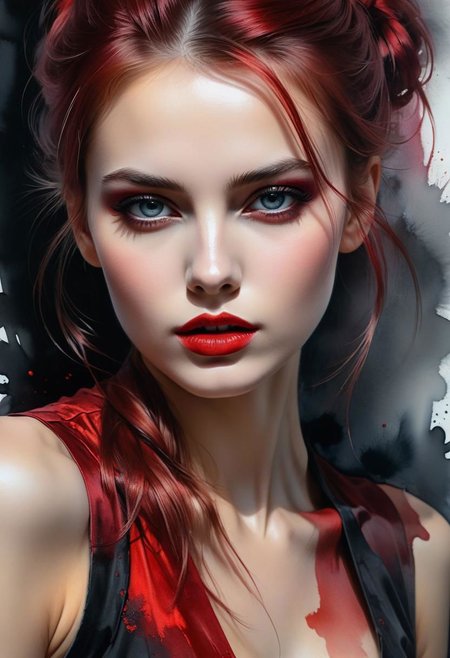 8k, RGB, HDR, oil paints, watercolors, bright saturated colors, Anna Razumovskaya, Jarek Kubicki, Aleksi Brilo, Darek Zabrotsky, Sakimichan, Loisch, Aminola Rezai, photo RAW, black, dark red, close-up, Portrait of Heloise, Mixed media collage. text with the inscription "Eloise", beautiful face. Calligraphy, gouache wash, pen sketch, thin lines, vintage illustration style. Black, white, coral pink, red, blonde hair, beautiful patterns.