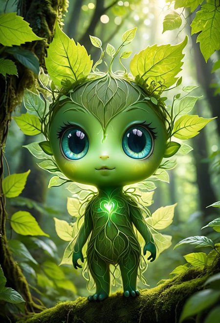 macro shot of a glowing forest cute spirit, leafy appendages outlined with veins of light, eyes a deep, enigmatic glow amidst the foliage, close up, hi detailed , translucency, semitransparency