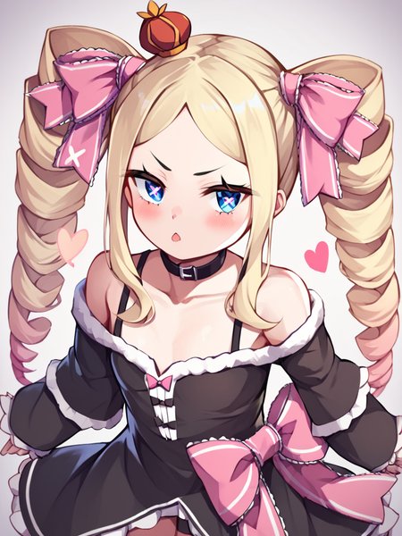 score_9,score_8_up,score_7_up,<lora:beatrice_(re_zero):1>,twin_drills, megumin_\(cosplay\), beatrice_\(re:zero\), pink_ribbon, black_dress, 1girl, black_choker, solo, hair_ribbon, mini_crown