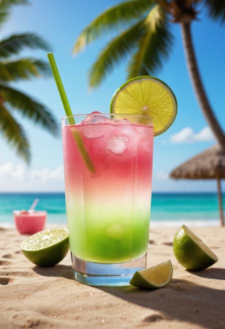 vibrant glowing lime green and pink  cocktail drink, in the style of a product hero shot in motion, dynamic magazine ad image, photorealism, sleep and mystical elements around the background,at the beach