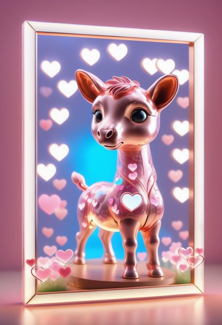 a picture frame made out of Jed-ANC <lora:ArtNouveauCopperStyle:0.9> with a picture of a cute zhibi domestic animal <lora:zhibi:0.8>  made out of reij-trnsprnt filled with reij-hrts belight by reij-glw <lora:heartglow-000006:1>, cuteness overload, in a fantasy landscape, hairy, action pose, ruff, cherry blossom and mossy rock background, at golden hour, wide view, land art, natural lighting, highly enhanced, imposing, magical, luxury, intense, beautiful, adorable,