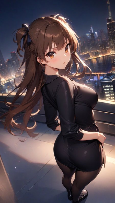 (masterpiece),(best quality),(ultra-detailed),(best illustration),(best shadow),(absurdres),(detailed background),(very aesthetic), rina_ogata, 1girl, breasts, dress, brown eyes, brown hair, two side up, solo, black dress, long hair, armpits, pantyhose, jacket, hands behind back, full body, night city background, looking at viewer<lora:XL-RinaOgata:1>
