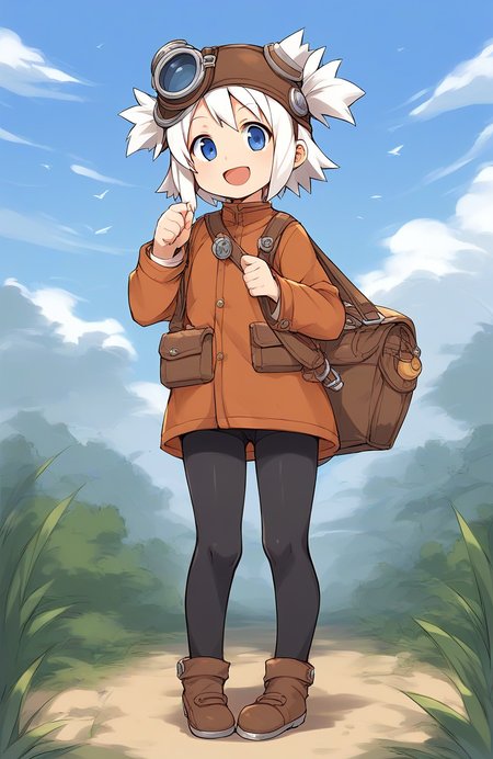 score_9, score_8_up, score_7_up, source_anime, rating_explicit, BREAK  <lora:Pratty_XL:1> Pratty, blue eyes, short hair, goggles, white hair, short twintails, hair through headwear, brown headwear, 
 solo, pantyhose, full body,  open mouth, smile, tachi-e, black pantyhose, long sleeves, bag,
outdoor, sky,