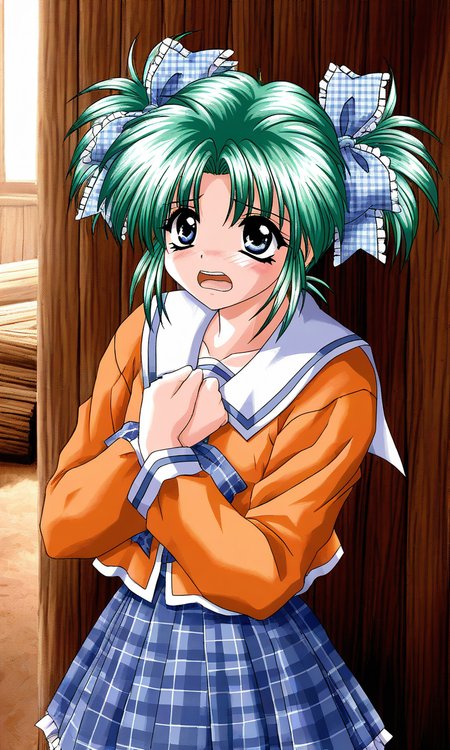 general,highres, ultra-detailed,very aesthetic,best quality ,best hands, BREAK <lora:Minase_Ruka_Akumu_AoiKajitsunoSange_IS:1>
Minase_Ruka, 1girl, solo, green hair, short twintails, blue eyes, hair ribbon, blue plaid ribbon, short,
school uniform, ribbon, orange sleeve, embarrassed+afraid,
outdoors,hands on own chest,, plaid skirt, plaid bow, long sleeves, serafuku, 
wood room, wood wall,