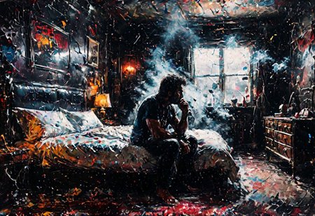 extreme realism, dark bedroom scene, man sitting on a bed, mist, horror, film grain, strong backlight, smoke background, high detail, realistic photography, movie style portrait, viginette, 8k quality, fair contrast