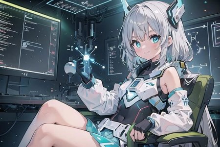 (masterpiece), (science fiction:1.4), 1girl, sitting, smile, silver hair, aqua eyes, headgear, long sleeves, detached sleeves, glowing energy clothing, light particles