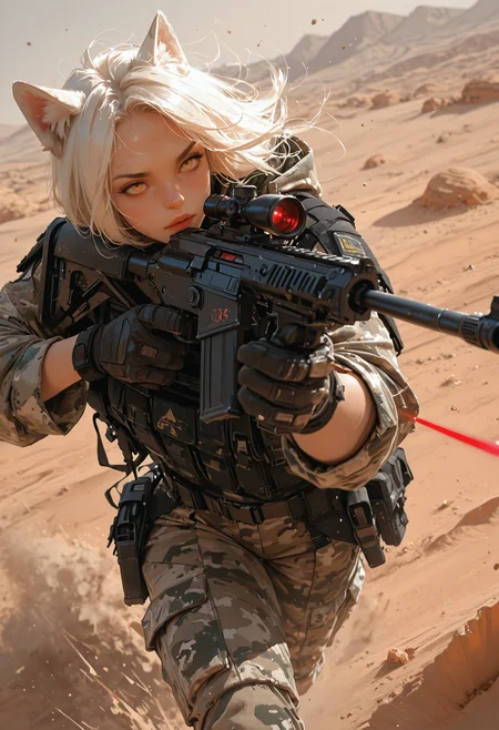 masterpiece, best quality,high quality, newest, highres,8K,HDR,absurdres, 1girl, solo, wolf ears, sniper rifle, camo cloak, tactical gear, scarred face, piercing yellow eyes, white hair with dark streaks, aiming at target, red laser sight, tactical gloves, mechanical eyepiece, futuristic sniper, high-tech scope, dusty battlefield, limited palette, intense expression, dynamic pose, dramatic lighting, strong depth of field, wind-blown hair, torn fabric, desert landscape, gritty realism, cinematic shot, dutch angle, foreshortening, blurred background, dust particles., detailed background, dynamic pose, dynamic composition,dutch angle, detailed backgroud,foreshortening,blurry edges,
<lora:ppw_v7_animv4_1_r2:0.6> <lora:748cm_illu:0.6> 7481llu <lora:69yottea_illu_v2:0.4> <lora:illustrious_all_rated_v1:0.6> masterpiece, best quality, very aesthetic,  <lora:AIã¤ã©ã¹ããããã:0.6>