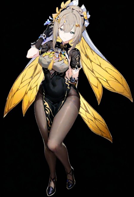 aponia \(honkai impact\), 
(aponia, china dress, qipao), 1girl, golden style, hair ornament, bangs, black footwear, pantyhose, black gloves,(golden Chestscarf), 
masterpiece, best quality, very aesthetic, absurdres, 1milf, 1adult, solo, full_body, tachi-e,