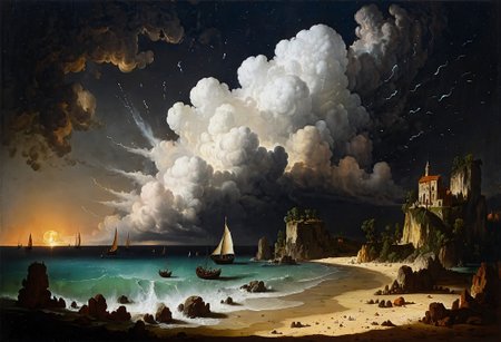 legendary landscape, beach, ocean, (cumulonimbus clouds:1.3), islands, sailboats  <lora:add-detail-xl:0.7> <lora:xl_more_art-full_v1:0.7>  <lora:sdxl/nicola_samori_dark_art_style:0.7> in the style of Nicola Samori