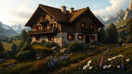 A Swiss mountain chalet surrounded by a field of wildflowers, where the scent of alpine blooms permeates the air,, Lens Flare,, god rays shine upon the landscape, Esdeath, unreal engine, RPG Portrait, trending on artstation, cgsociety, highly detailed, concept art, intricate artwork 8k rendering, octane, redshift rendering, trending on artstation, cgsociety, highly detailed, high quality, sharp focus, front lit, analog detail, luminous, outrun  <lora:SDXLFaeTastic2400:0.8>  <lora:EnvyFeverDreamXL01a:0.7>   <lora:The_Classic:0.8>