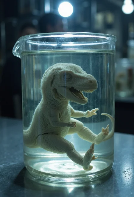 photograph of wet sample of a t-rex embryo in a beaker of clear liquid, looking very fresh, floating in fetal position. Tender skin grey scales, large head, small torso, very small claws, tail curled up, milky eyes, very detailed, creepy atmosphere, harsh bright light in a modern hi-teck laboratory <lora:wet_sample-000129:1>