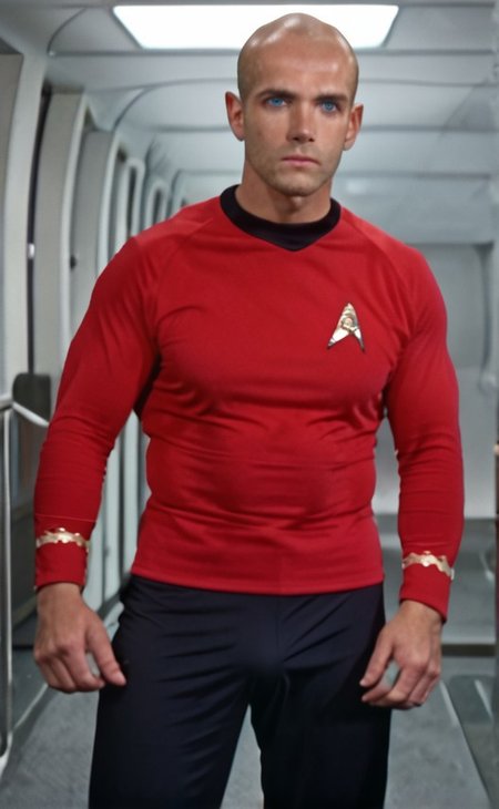 1boy, 20 year old male, Handsome, masculine, blonde, star trek, red shirt, muscle,  tall, tight shirt, wide pectorals, big shoulders, wide shoulders, muscular neck, German, standing at attention, bald, big pale blue eyes, abs, biceps, serious facial expression, phaser, hand, long bulge in his pants,
1960 black dress pants, pants,
stunf, star trek uniform, uss enterprise ncc-1701 interior background, star trek, space ship interior, 1960s TV,