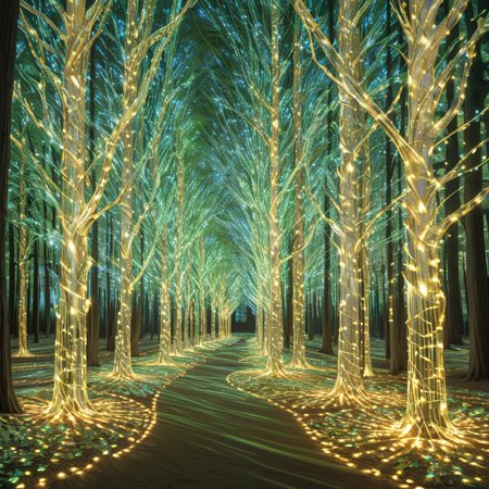 masterpiece, best quality,  <lora:add-detail-xl:1>   <lora:ArsMorph_-_World_of_Light_-_SDXL:1> arsworldoflight A forest of light trees, each trunk and branch a twisting strand of illumination. Leaves are translucent color shifts, casting prismatic shadows on the glowing ground.