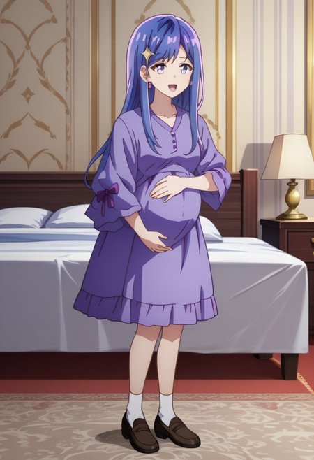 score_9, score_8_up, score_7_up, best quality, masterpiece, 4k, perfect lighting, very aesthetic, anime, anime coloring, official art, anime screencap,
OverallDetail, fFaceDetail, 
bedroom, happy, huge pregnant belly, hand on belly,
Maha, long hair, blue hair, purple eyes, hair ornament,
 full body,
<lora:Pregnant Bump:1>