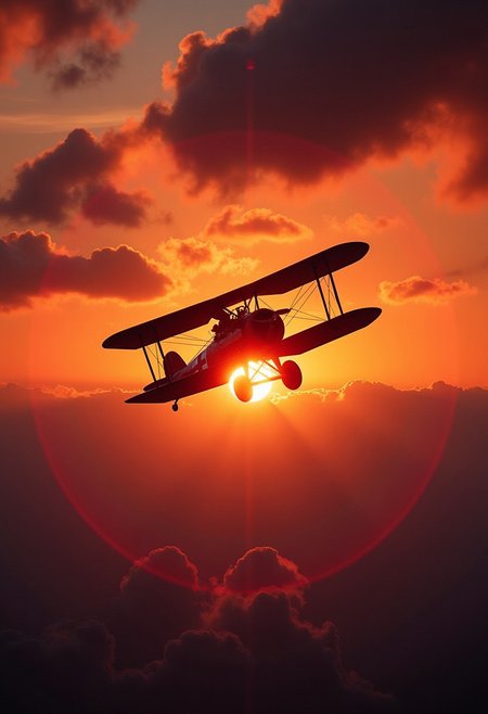 Fokker biplane ww1, red, german world war one cross, vibrant, dynamic, sunset, clouds, masterpiece
