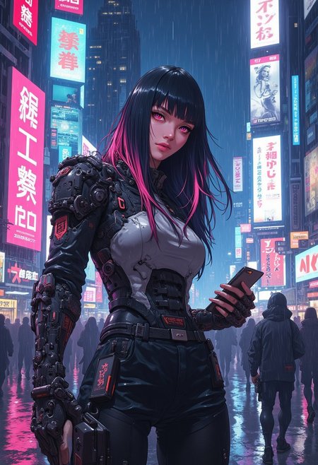 realistic skin texture, detailed anime, cyberpunk, BREAK Goth woman, solo, bangs, dark hair with pink highlights, cybernetic bodysuit, pink lipstick, holding flip-phone, crowded futuristic city street with skyscrapers, raining, night-time, neon signs, tv advertising screens, focus on face